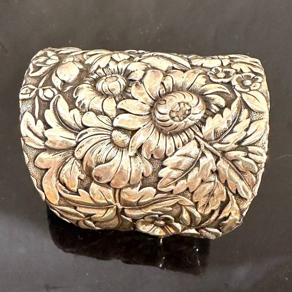 Floral Sterling Silver 925 Solid Cuff Bracelet Wide Victorian Antique Repurposed - Picture 1 of 10